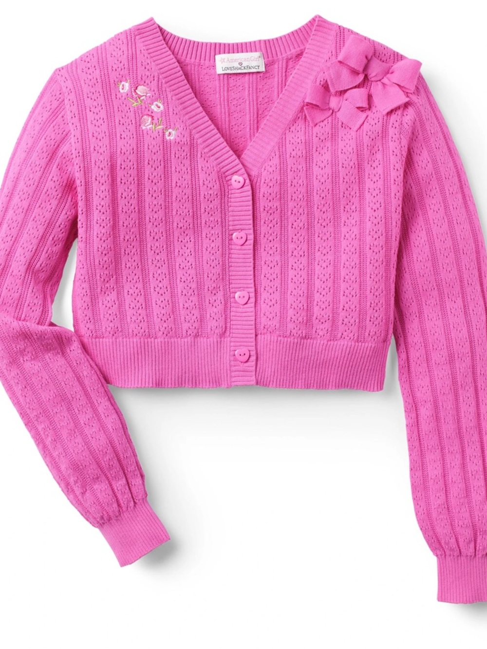 American Girl x LoveShackFancyBright Pink Eyelet Knit Cropped Cardigan with Bows